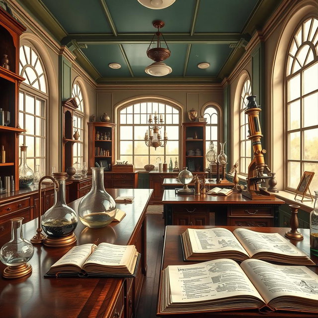 A classic style artwork inspired by scientific studies, depicting an elegant historical laboratory filled with vintage scientific tools