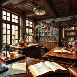 A classic style artwork inspired by scientific studies, depicting an elegant historical laboratory filled with vintage scientific tools