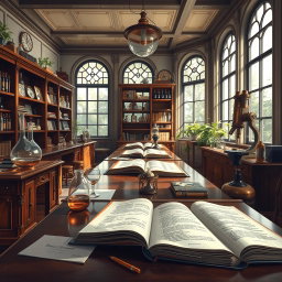 A classic style artwork inspired by scientific studies, depicting an elegant historical laboratory filled with vintage scientific tools