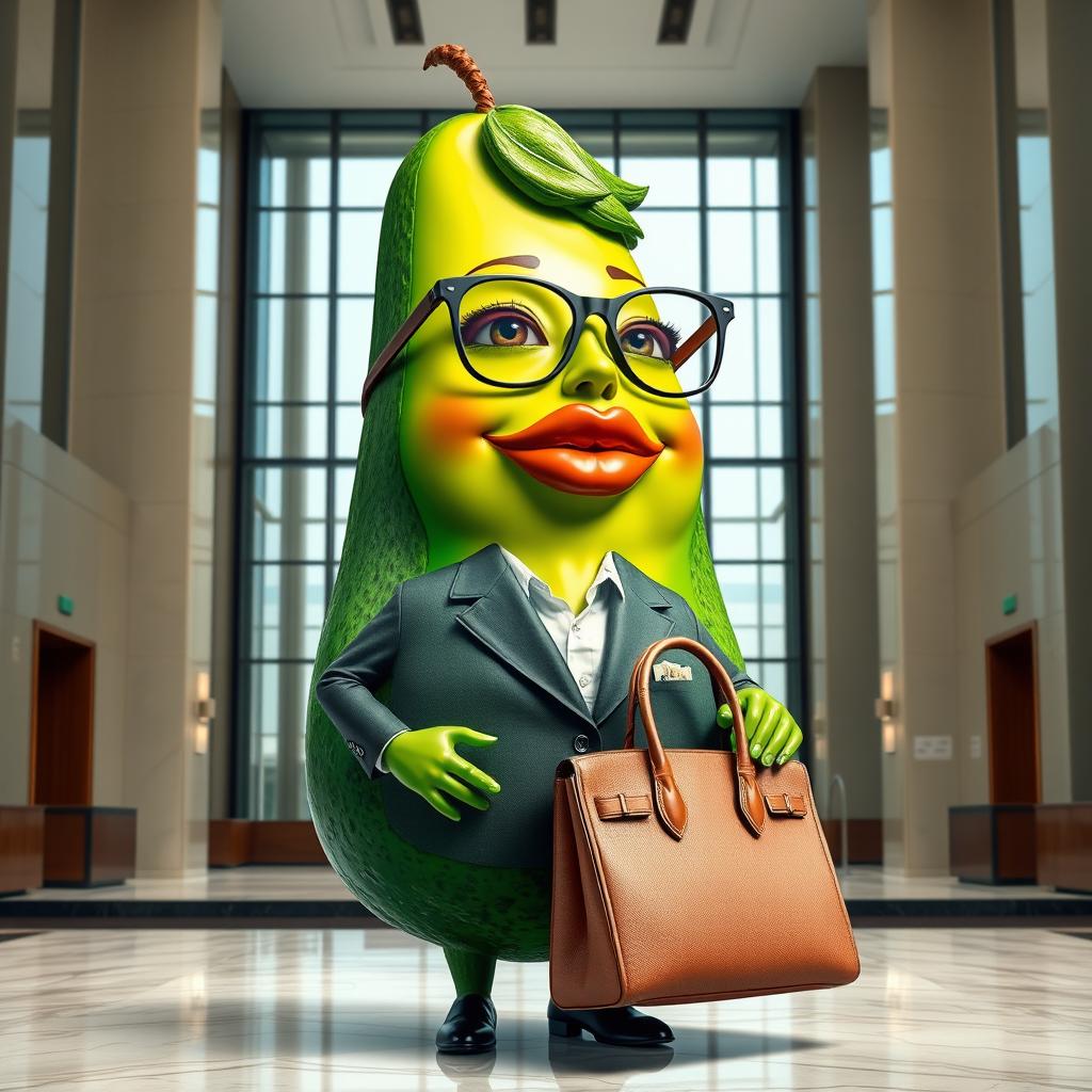 A whimsical scene depicting a feminine avocado character styled as a lawyer, featuring big, luscious lips and stylish glasses