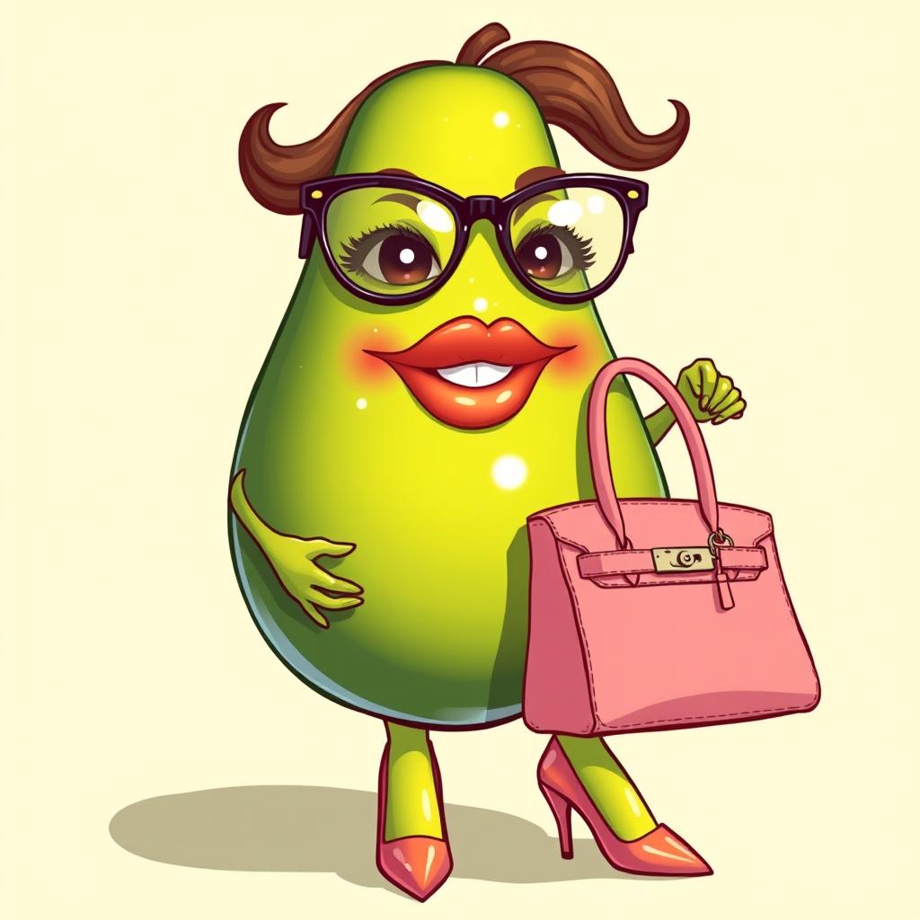 A feminine avocado character featuring big, glossy lips, stylish eyeglasses, high heels, and holding a luxurious Birkin bag