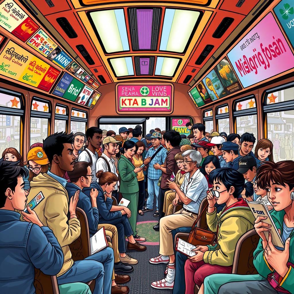A colorful and lively scene depicting a crowded city bus filled with diverse personas