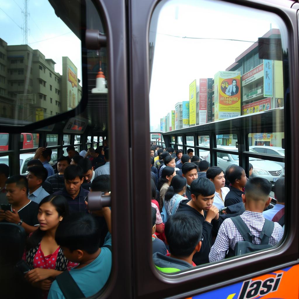 An exterior view of a crowded city bus, showcasing a lively scene through the large windows