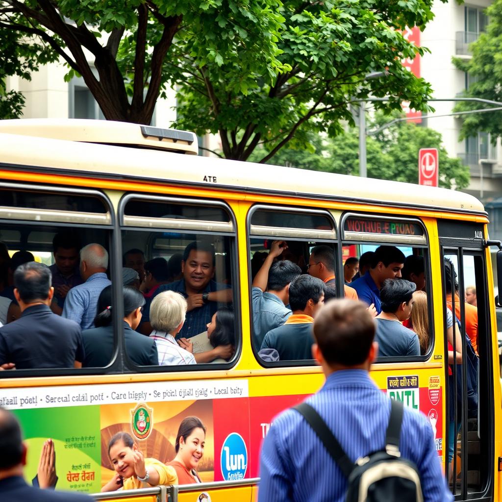 An exterior view of a bustling city bus observed from a distance, showing it filled with a crowd of diverse individuals