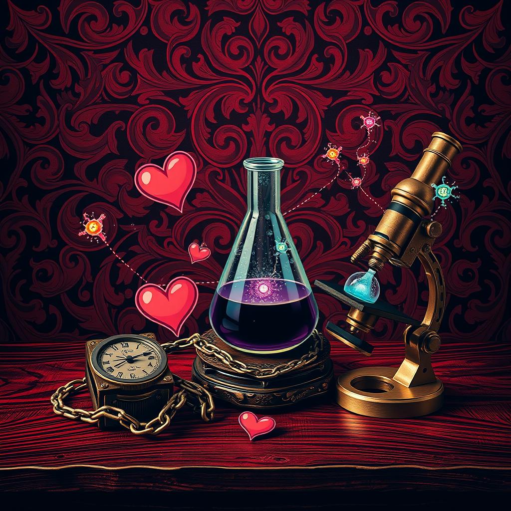 A classic style book cover featuring a theme of scientific studies centered on desire and addiction