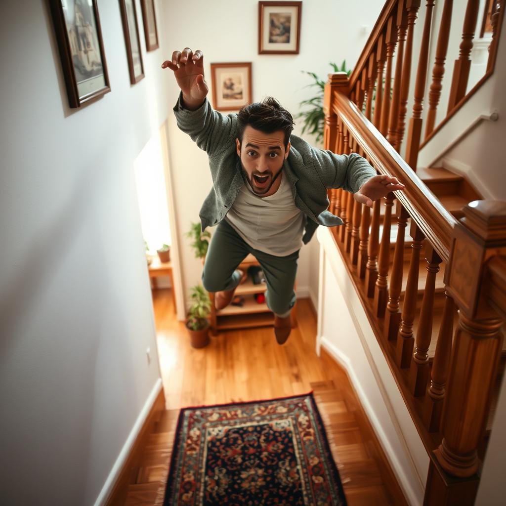 A man falling down a staircase, capturing the moment of loss of balance