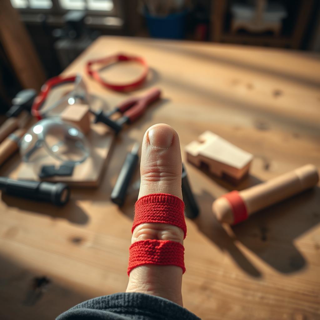 A close-up of a person's finger with a hammer strike, showcasing a bandaged finger in a well-lit workshop