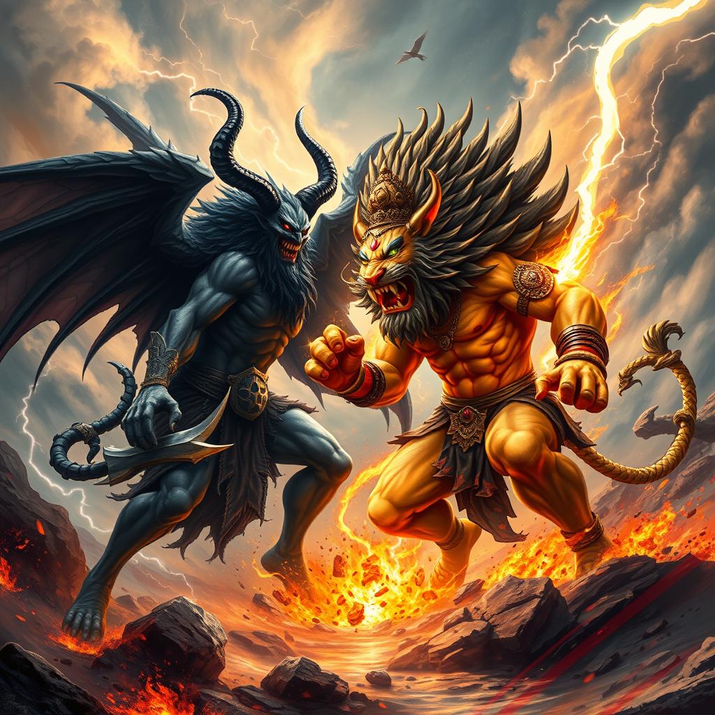 An epic battle scene between Narasimha, the fierce lion-headed avatar of Vishnu with a muscular build, and Azazel, a powerful demon with dark, flowing wings and menacing horns