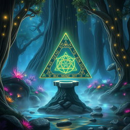 A mystical magical triangle artifact, intricately designed with ancient symbols and glowing runes, emitting a soft ethereal light