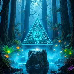 A mystical magical triangle artifact, intricately designed with ancient symbols and glowing runes, emitting a soft ethereal light