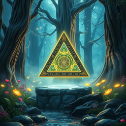 A mystical magical triangle artifact, intricately designed with ancient symbols and glowing runes, emitting a soft ethereal light