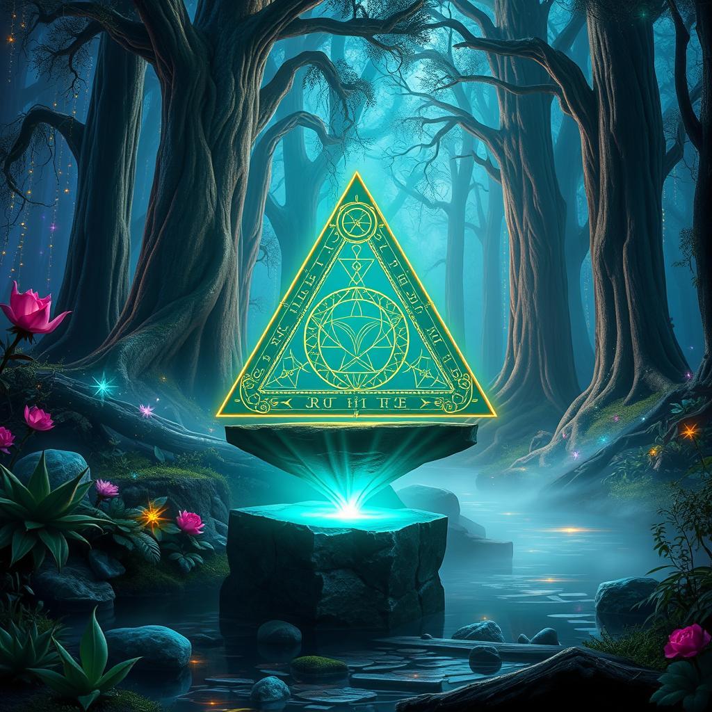 A mystical magical triangle artifact, intricately designed with ancient symbols and glowing runes, emitting a soft ethereal light