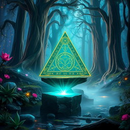 A mystical magical triangle artifact, intricately designed with ancient symbols and glowing runes, emitting a soft ethereal light