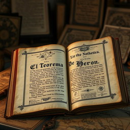 An ancient scroll opened inside an old, dusty book, featuring beautifully handwritten text that reads "El Teorema de Herón" in elegant calligraphy