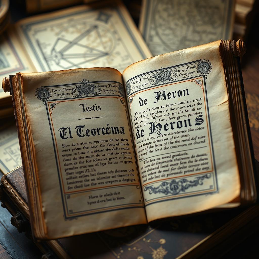 An ancient scroll opened inside an old, dusty book, featuring beautifully handwritten text that reads "El Teorema de Herón" in elegant calligraphy