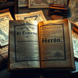 An ancient scroll opened inside an old, dusty book, featuring beautifully handwritten text that reads "El Teorema de Herón" in elegant calligraphy