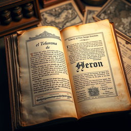 An ancient scroll opened inside an old, dusty book, featuring beautifully handwritten text that reads "El Teorema de Herón" in elegant calligraphy