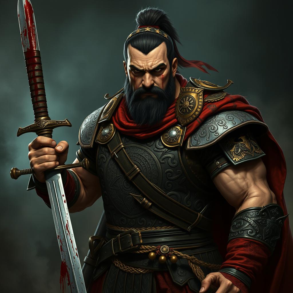 An imposing and fierce Turkic warrior with a fierce expression, blood dripping from his eyes, holding a bloodied sword in one hand