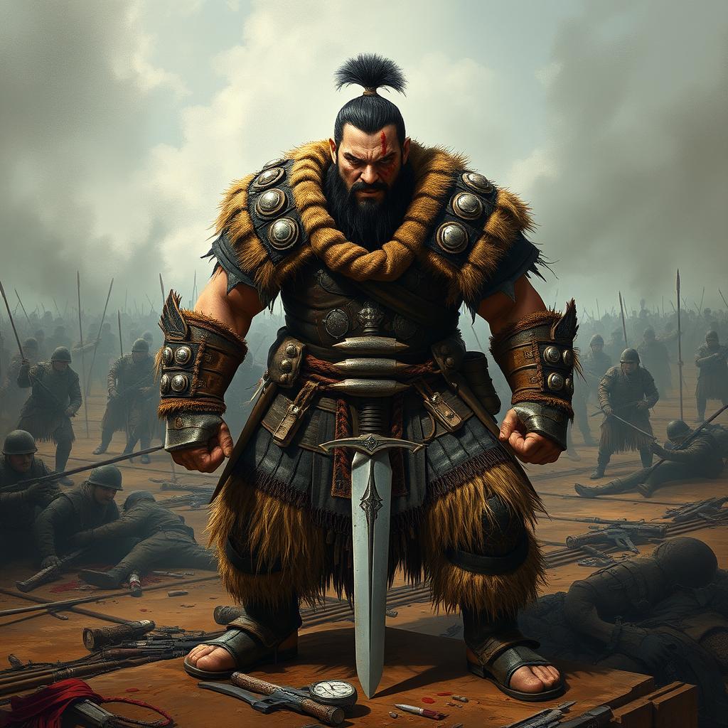 An imposing Kipchak warrior standing fiercely on a battlefield, showcasing his intense anger
