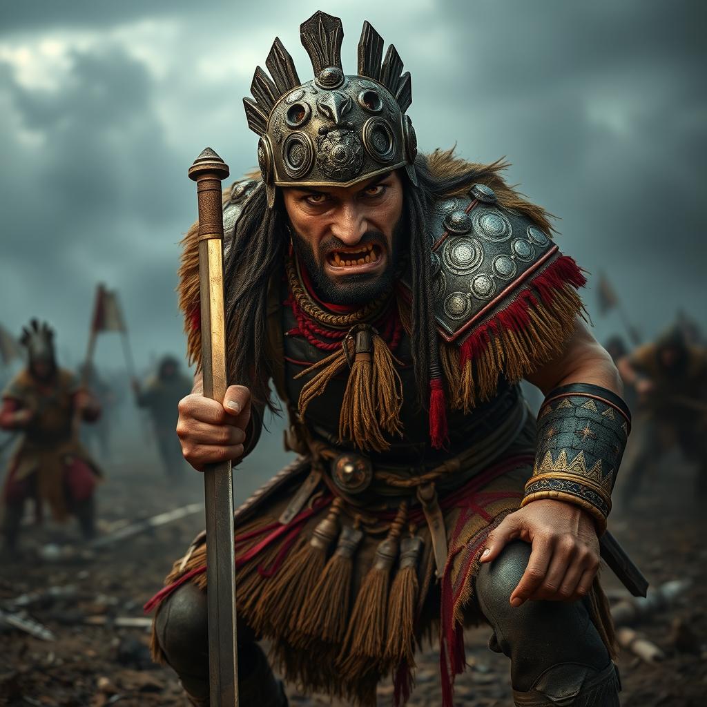 An intense scene featuring an angry Kipchak warrior, clad in traditional Kipchak armor, standing fiercely on the battlefield