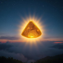 A floating stone emitting a golden light, perfectly forming an equilateral triangle in mid-air