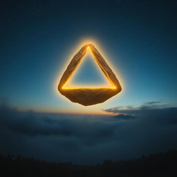 A floating stone emitting a golden light, perfectly forming an equilateral triangle in mid-air