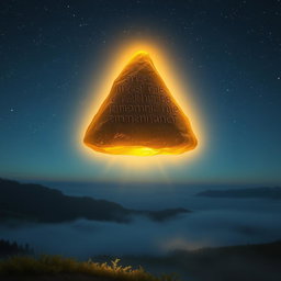 A floating stone emitting a golden light, perfectly forming an equilateral triangle in mid-air