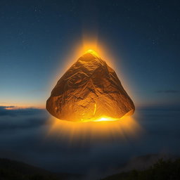 A floating stone emitting a golden light, perfectly forming an equilateral triangle in mid-air