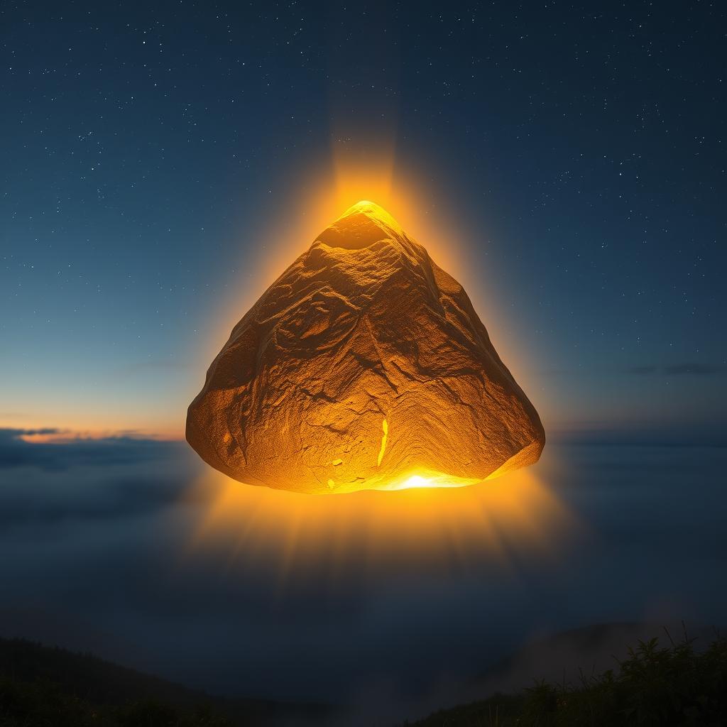 A floating stone emitting a golden light, perfectly forming an equilateral triangle in mid-air