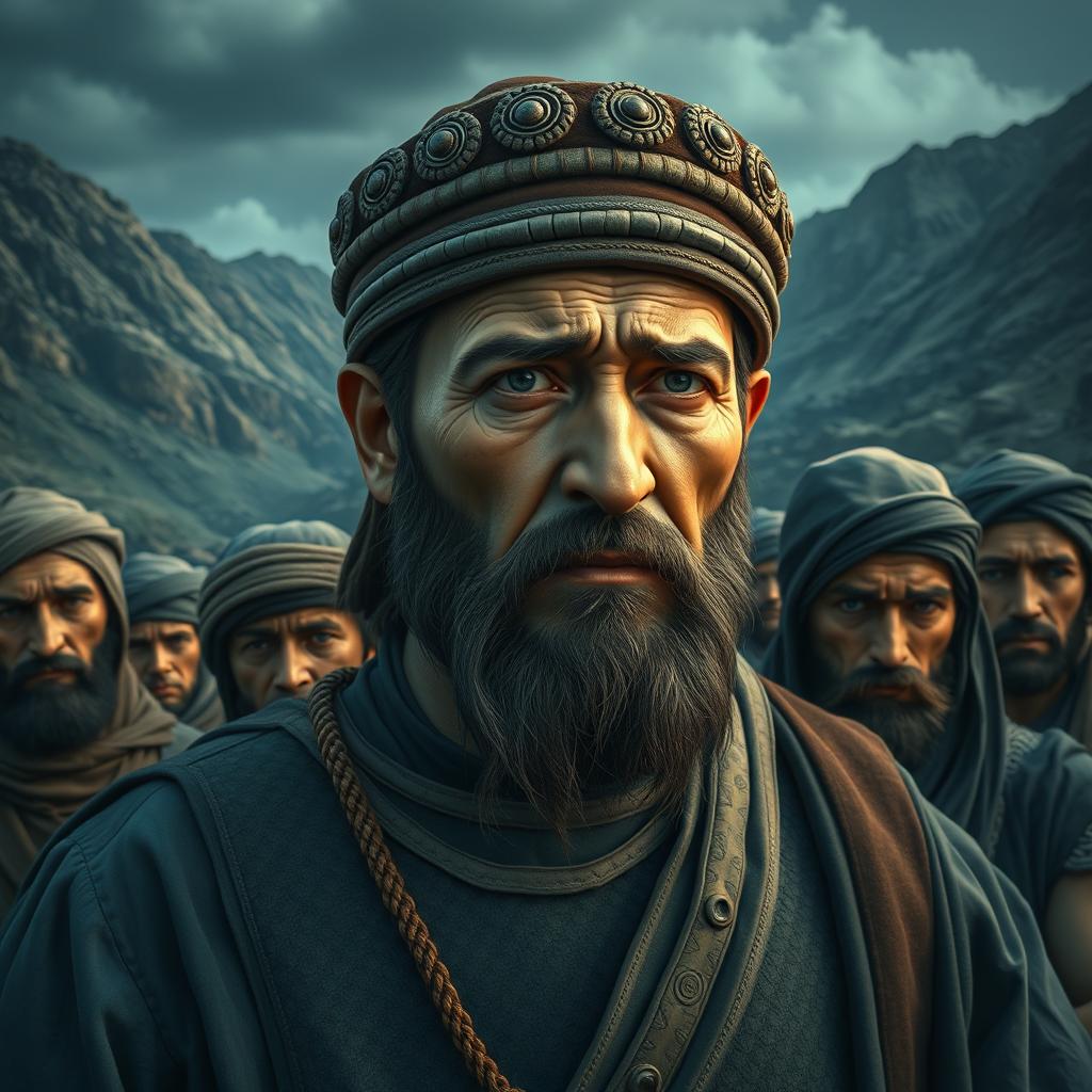 A dramatic and emotional scene depicting Bilge Khaghan, a historical Turkic leader, with tears in his eyes, looking sorrowful and reflective