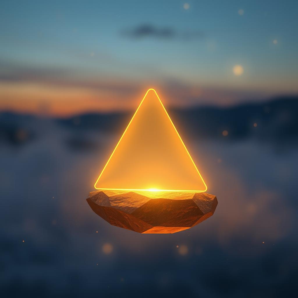 A floating object that resembles a perfect triangular shape, softly glowing with a golden light