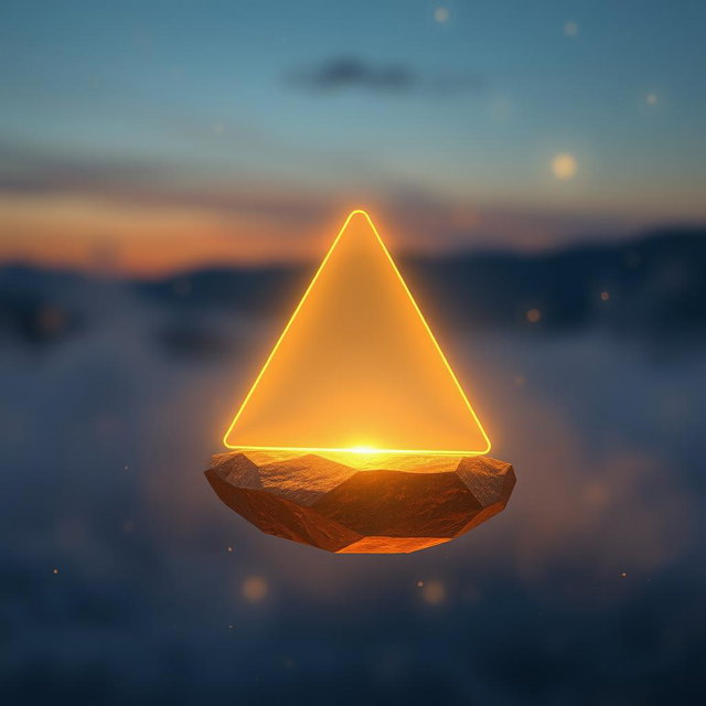 A floating object that resembles a perfect triangular shape, softly glowing with a golden light