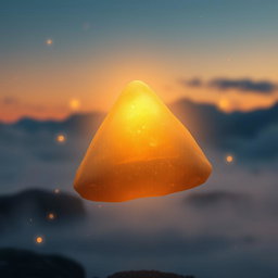 A floating object that resembles a perfect triangular shape, softly glowing with a golden light