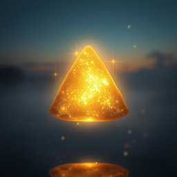 A floating object that resembles a perfect triangular shape, softly glowing with a golden light