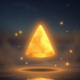 A floating object that resembles a perfect triangular shape, softly glowing with a golden light