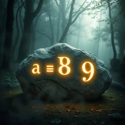 A mystical stone, rugged and ancient, engraved with three magical numbers: 'a = 7', 'b = 8', and 'c = 9'