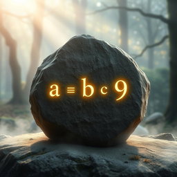 A mystical stone, rugged and ancient, engraved with three magical numbers: 'a = 7', 'b = 8', and 'c = 9'