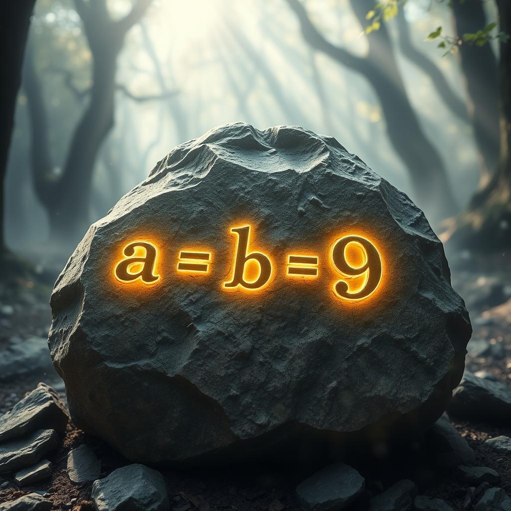 A mystical stone, rugged and ancient, engraved with three magical numbers: 'a = 7', 'b = 8', and 'c = 9'