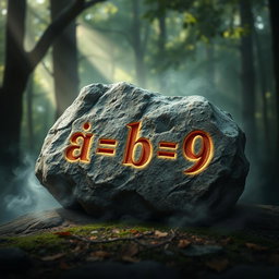 A mystical stone, rugged and ancient, engraved with three magical numbers: 'a = 7', 'b = 8', and 'c = 9'