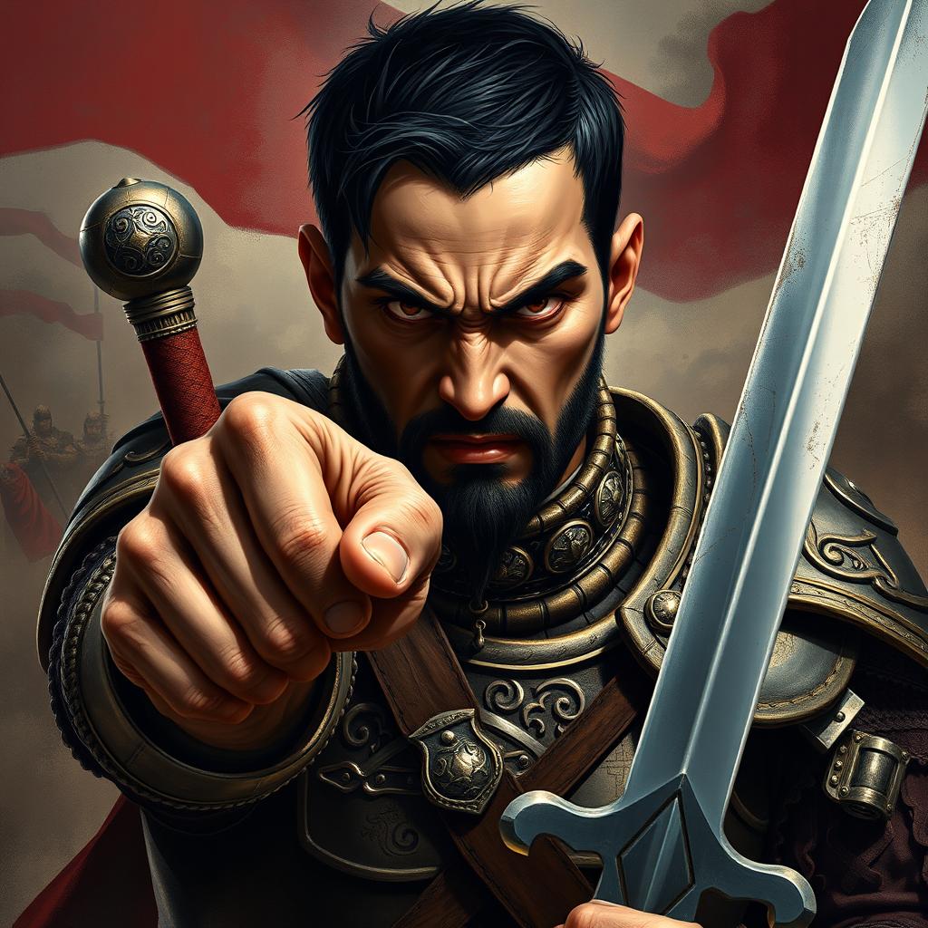 A fierce portrayal of Bilge Khaghan, the Turkic Khaghan, with distinct angry Turkic eyes