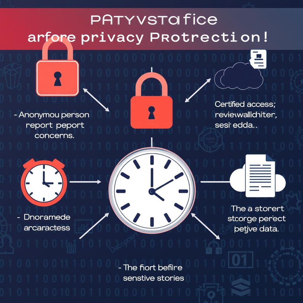 A visual representation of data encryption and privacy protection, showcasing various elements such as a digital lock symbolizing security, anonymous person reporting concerns, limited access scenarios with certified validators reviewing information securely, a clock indicating the short-term storage of sensitive data, and an official document for consent before using stories