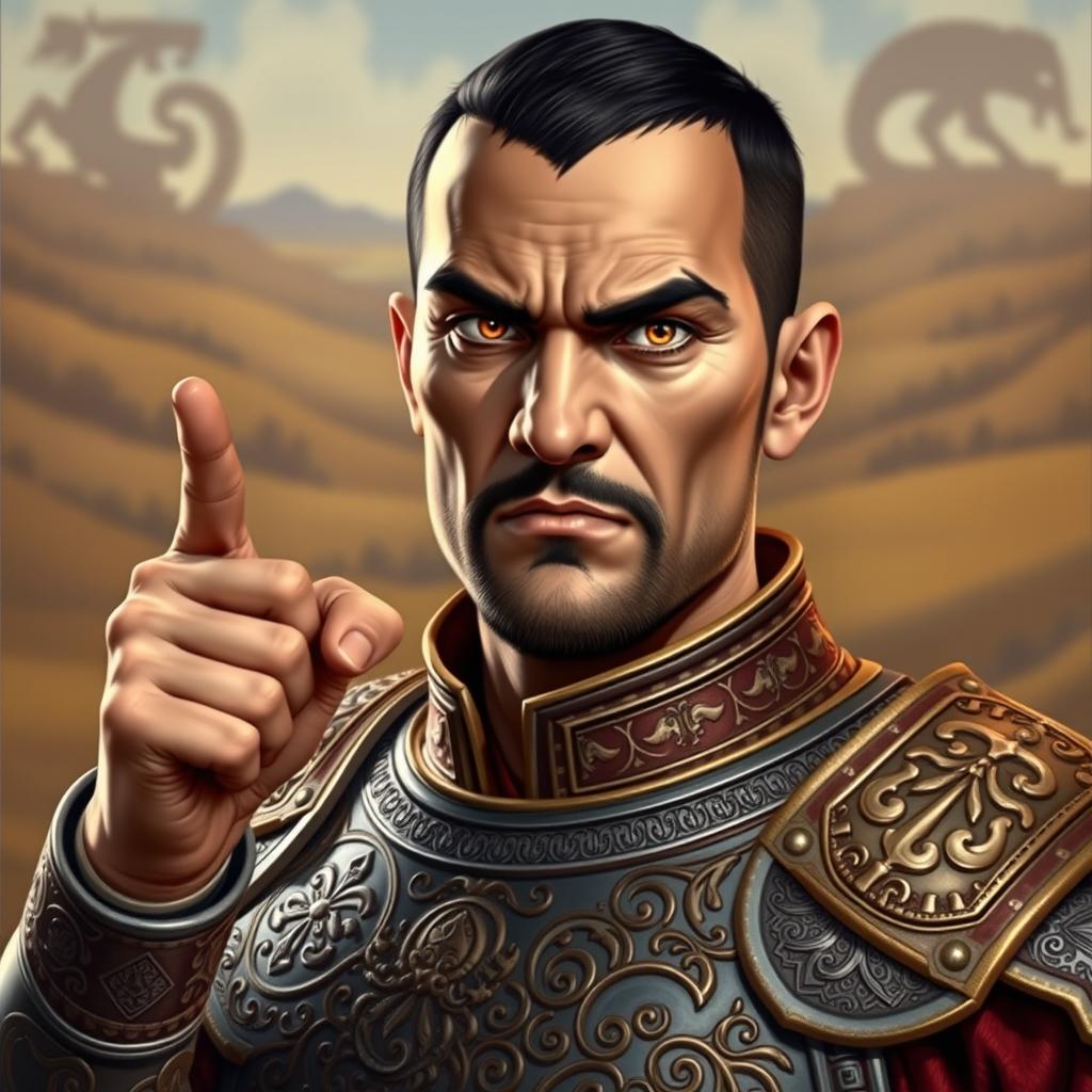 A depiction of Bilge Khaghan, the Turkic leader, portrayed with an intense expression