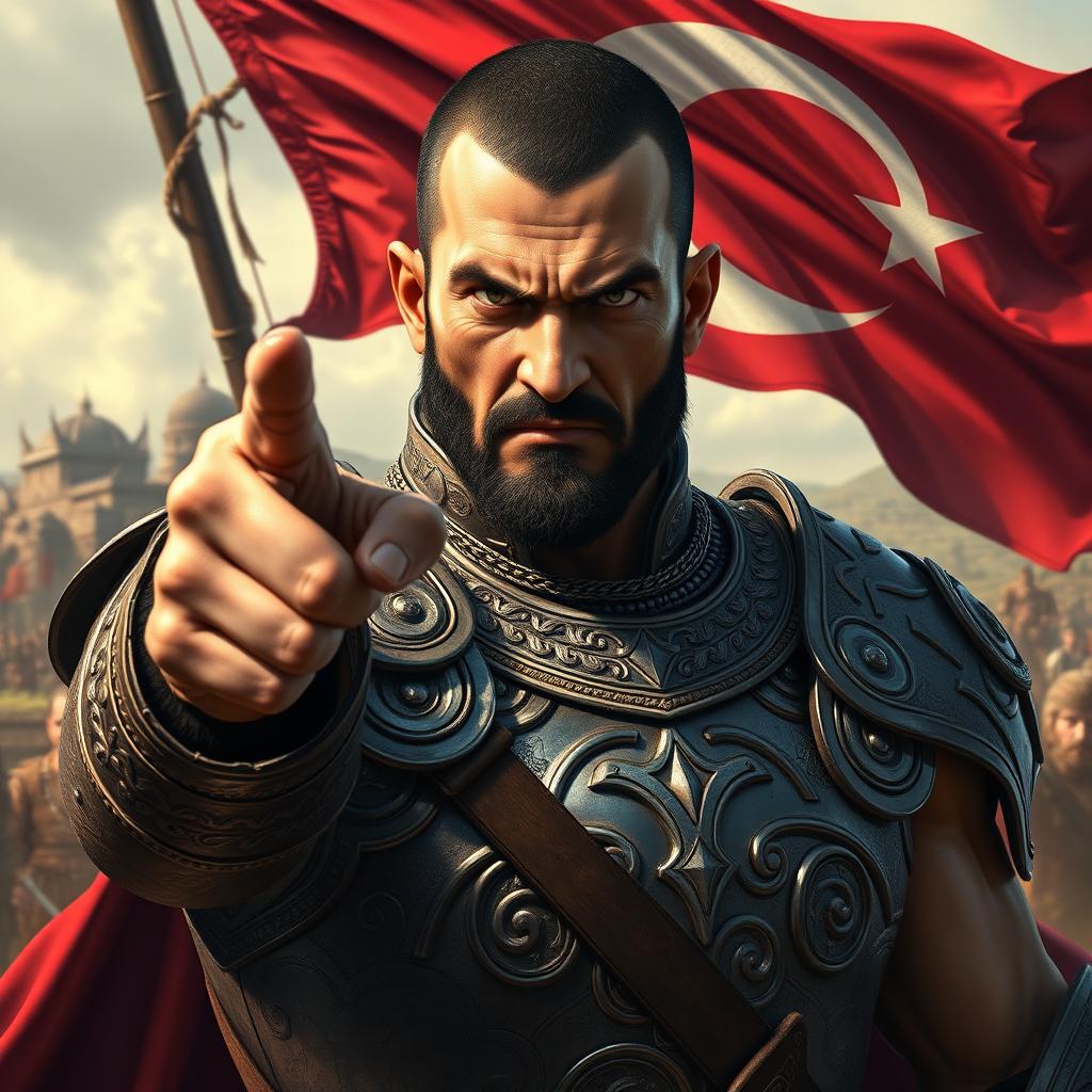 Bilge Khaghan, the powerful Turkic khaghan, stands with an intense, angry expression on his face