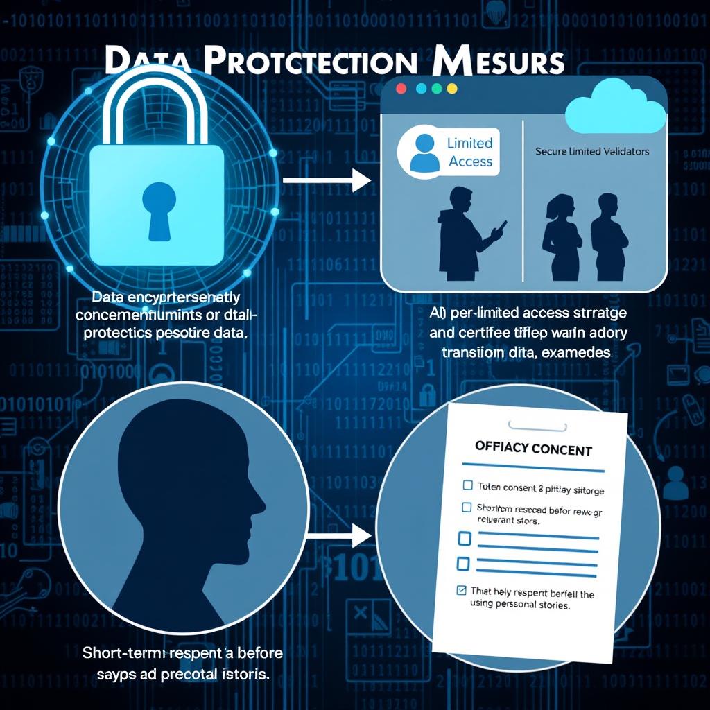 A conceptual illustration of data protection measures, featuring elements like data encryption represented by a digital padlock and shield, a silhouette of a person anonymously reporting concerns, a secure limited access environment with certified validators examining data, a visual representation of short-term data storage transitioning to relevant authorities, and an official consent form symbolizing privacy respect before using personal stories
