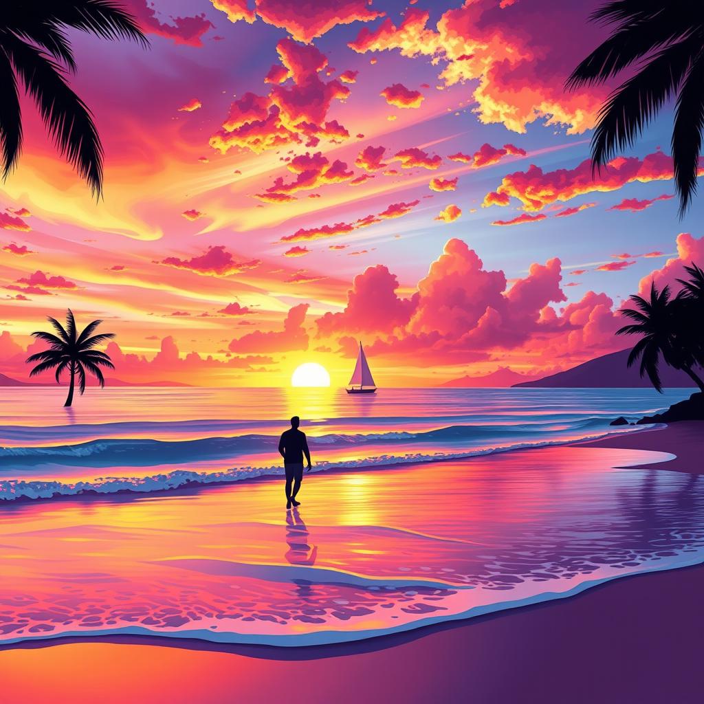 A stunning, colorful digital illustration of a vibrant sunset over a tranquil beach, with waves gently lapping at the shore