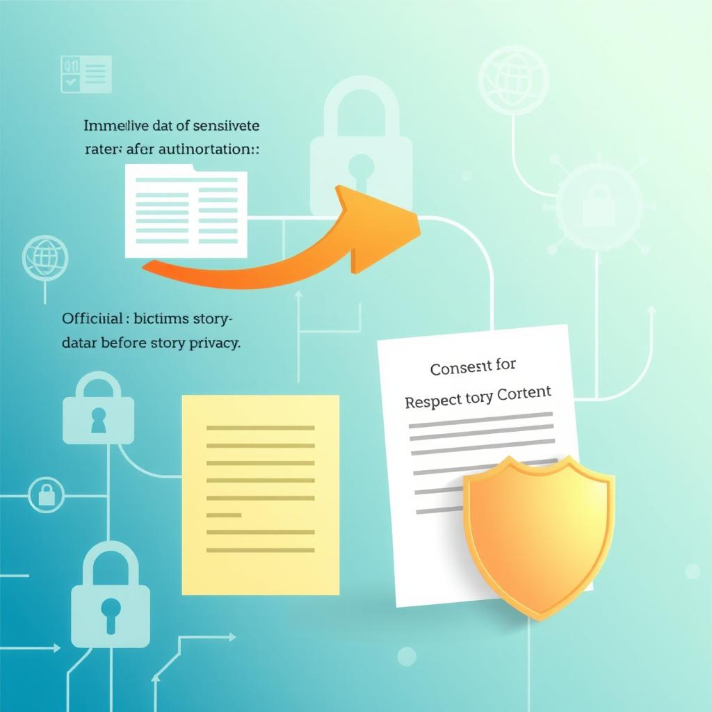 An illustration depicting the concept of data privacy, focusing on two main elements: the immediate transmission of sensitive data to relevant authorities after documentation, represented by an arrow moving swiftly towards an official office, and an official consent form symbolizing the respect for victims' privacy before any story usage