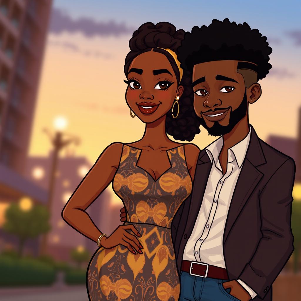 A cartoon-style illustration of a stylish Black couple in an urban dusk setting