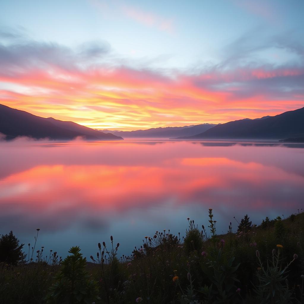 A breathtaking landscape capturing a stunning sunset over a serene lake, with vibrant colors reflecting in the water