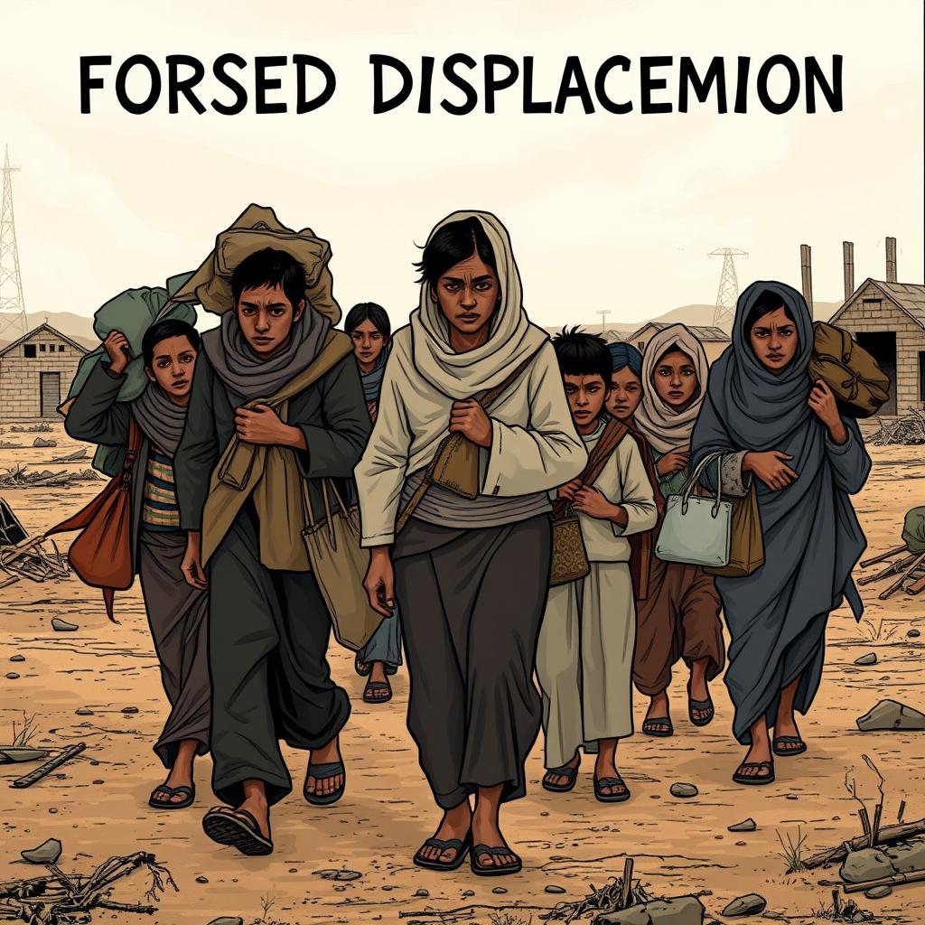 a powerful and evocative illustration representing forced displacement, featuring a diverse group of people carrying their belongings, looking somber and determined, walking through a barren landscape, with destroyed homes in the background, conveying a sense of loss and resilience