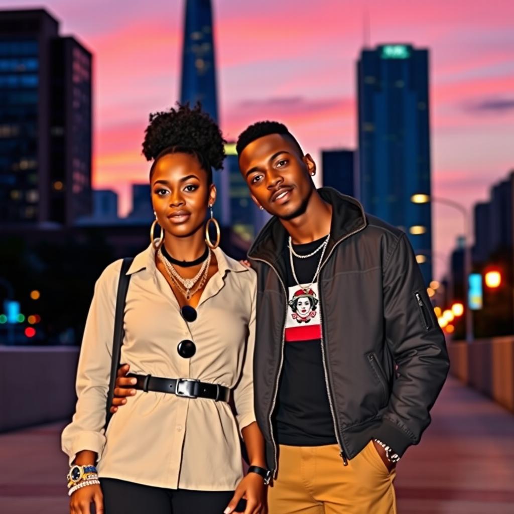 A stylish Black couple, Shada and Isaiah, standing together in an urban dusk setting